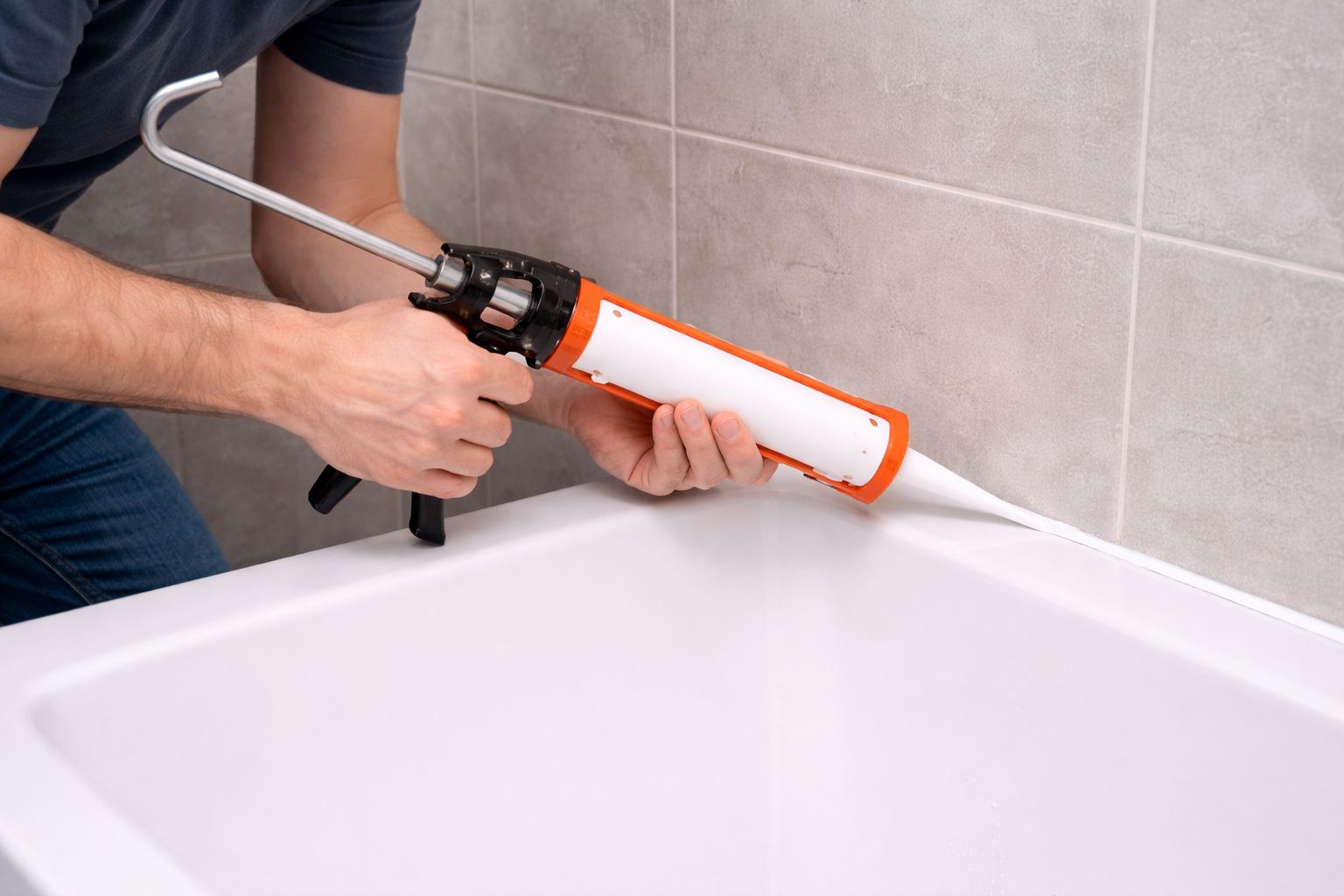 Covek koji stavlja silikon izmedju kade i zida